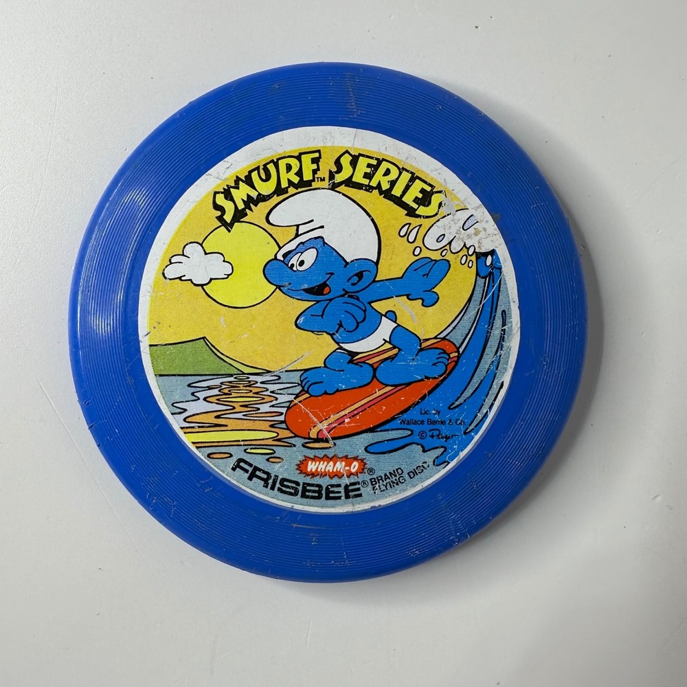 Vintage Wham-O Surfing Smurf Pocket Frisbee Blue 4.5" Toy 80s Cartoon